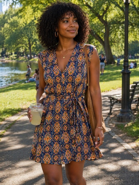 Tulle Dresses & Skirts - Anthropologie Tulle Women's Navy & Orange Printed V-Neck Tie-Waist Dress